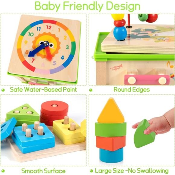 Wooden 7-in-1 Activity Cube| Montessori Toys for 1 2 3 Year Old Toddlers| Baby - Picture 3 of 7